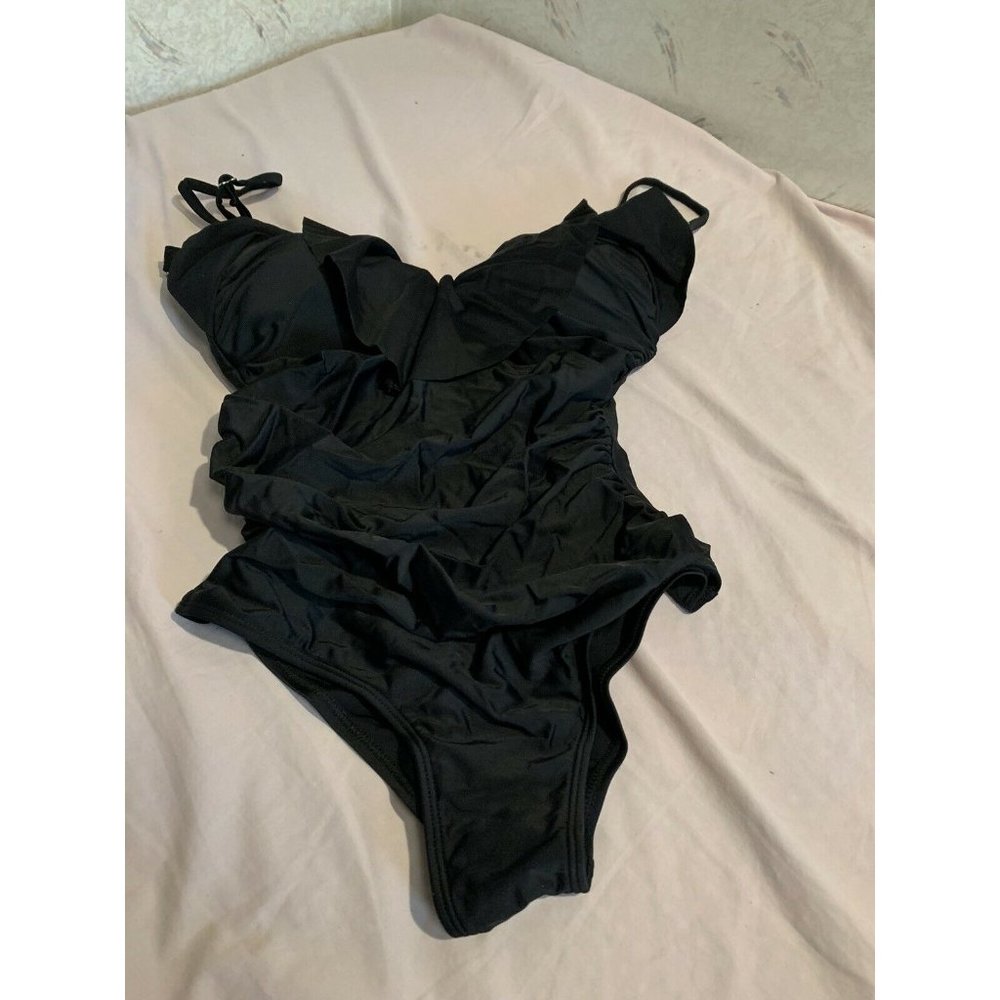 Womens one piece monkini black rushed V-neck swimsuit Size Small
